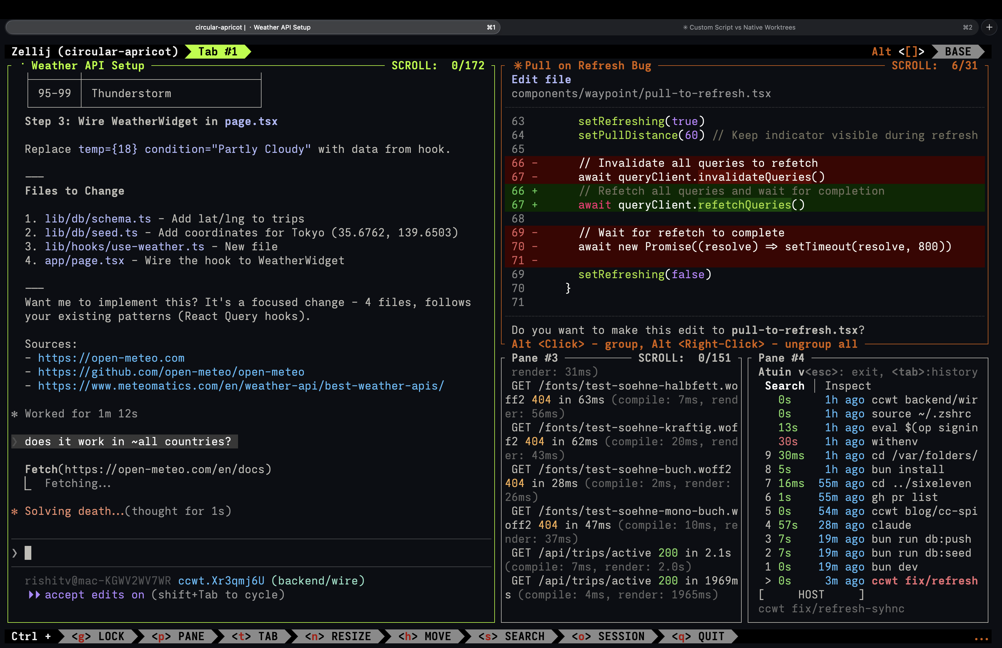My Claude Code setup - multiple panes in Zellij with parallel Claude sessions